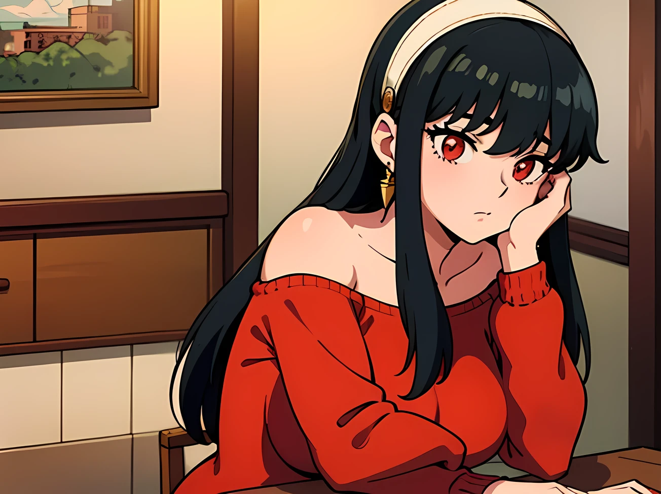 head resting on his hand, sitting, table, looking right, aayorf, long hair, white hairband, red eyes, gold earrings, large breasts, jewelry, off shoulder, red sweater, sweater dress, long sleeves, black pantyhose, masterpiece, best quality, 1990s style