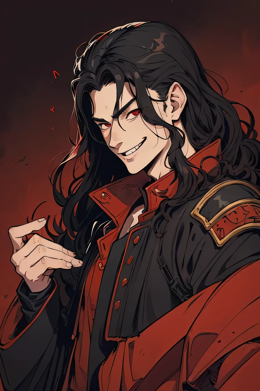 curly man, long hair, red eyes, black military jacket, baggy, smiling, masculine, robust, red background, science fiction, fantasy, mischievous smile, in the style of Kentaro Miura