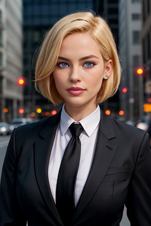 masterpiece, high quality, best quality, realistic, fine detail, formal black suit, black necktie, MIBSuit, white shirt, Black Suit, Black Jacket Coat, Formal Look, large breasts, (muscular female:0.8), portrait, upper body, blank background, Agent L, blue eyes, blonde hair, short hair, bob hair, black suit, black jacket, stealing a LAPD Police Uniform from a female officer and left her unconscious