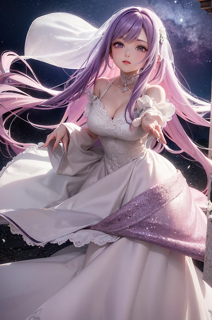 Pastel purple hair　Wavy Long Hair　Purple Eyes　Beauty　wedding　White Dress　White flower　Night Sky　Beautiful expression　Fantastic Light　Reaching out
