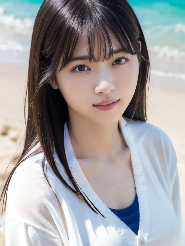 (RAW Photos: 1.2), (Realistic: 1.4), (highest quality: 1.4), Ultra-high resolution, (Fine Eyes),Nude Photos,Full body photo、Gravure photo,1. High school girl,(Large Breasts),You can see the chest、Black Hair,((White gathered blouse、pastel cardigan)),Bright Eyes,Blushing,smile,Highly detailed face and skin texture, Healthy Skin,(Beach),8K resolution