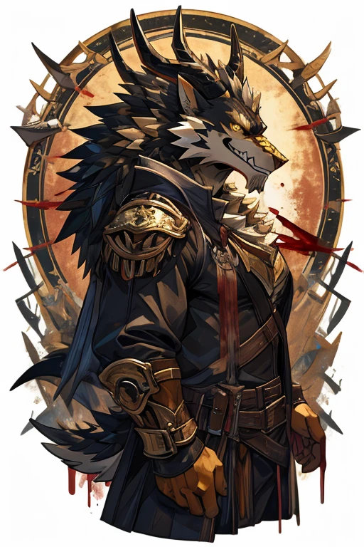 I want a hybrid of a golden dragonborn and black and white werewolf with backwards horns, very apparent golden scales, golden eyes, blood hunter with a malicious grin.