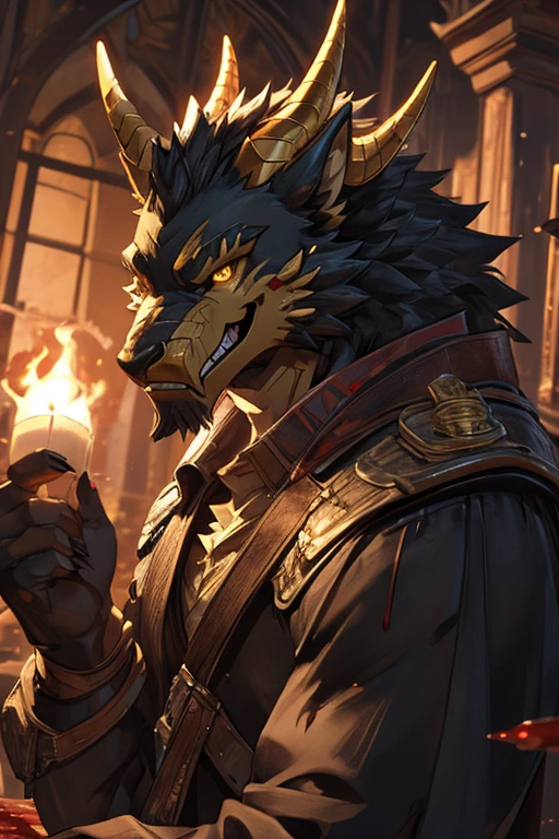 I want a hybrid of a golden dragonborn and black and white werewolf with backwards horns, very apparent golden scales, golden eyes, blood hunter with a malicious grin.