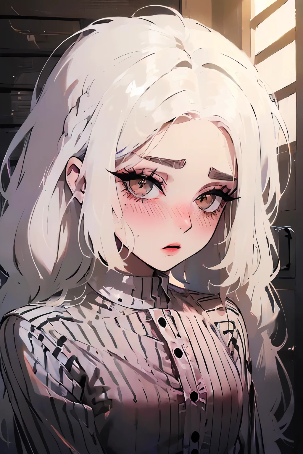 ((pale skin:1)), A 24-year-old small-build woman ((small chest:1)) with pale skin in her pink bedroom. She has expressive dark brown eyes ((brown eyes:1.5)), long eyelashes with thick black eyeliner, and blush ((blush makeup:1.5)), on her cheeks and nose. she has thin lips and white braids ((braids:1)), ((white hair:1.5)). She is wearing a white long-sleeved shirt. ((white and black striped shirt:1.5))
