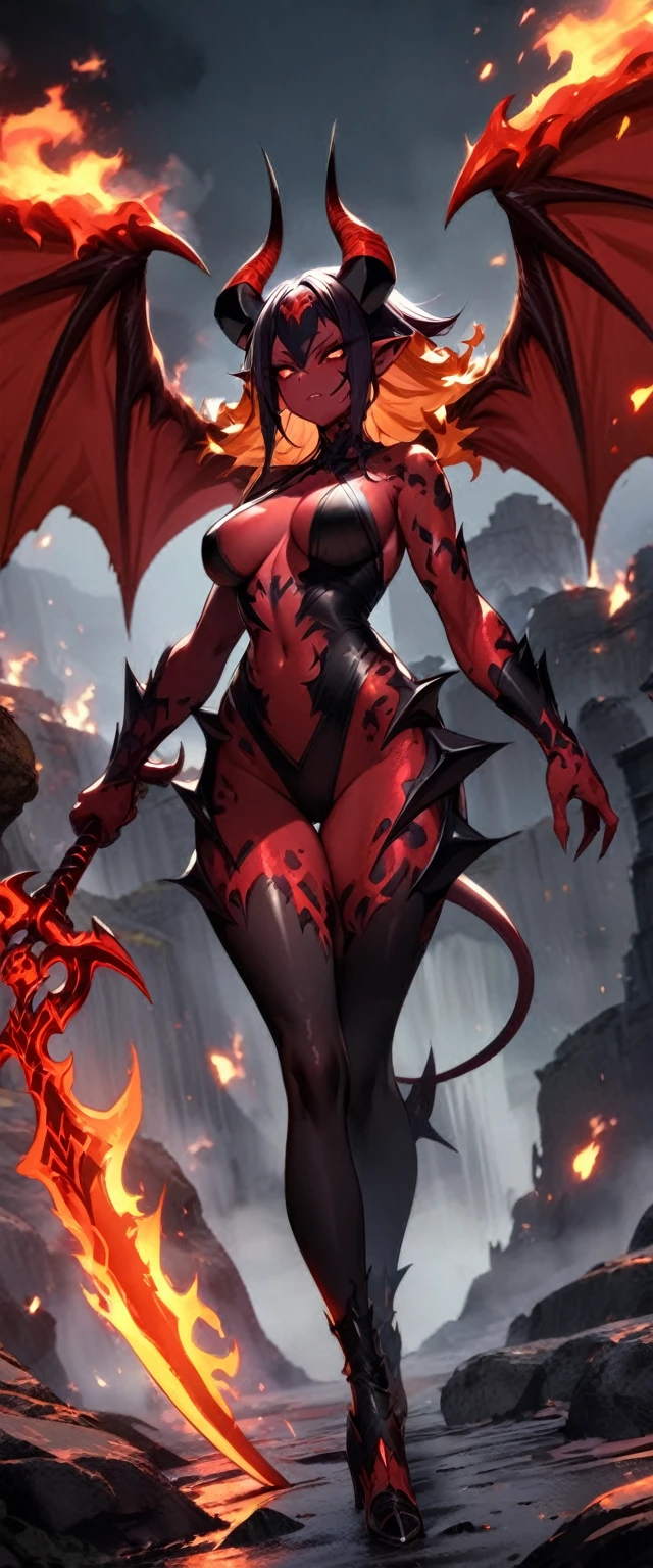 High quality, masterpiece, very aesthetic, female Lava Demon, fantasy setting, fiery Devil Wings, sharp horns, Lava skin, ominous atmosphere, holding Flame Sword, [:demon eyes:1]
