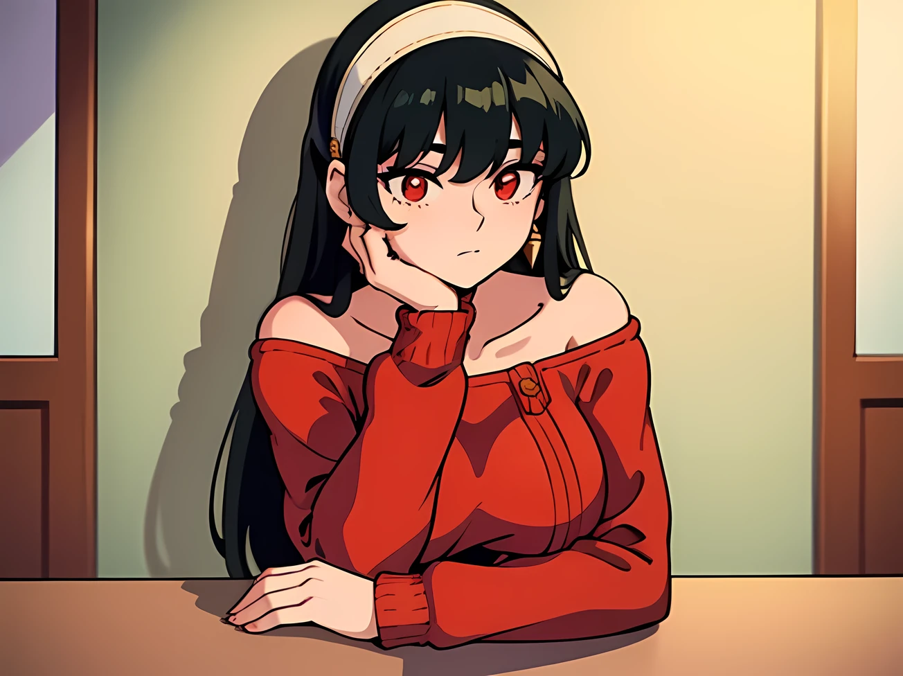 head resting on his hand, sitting, table, looking right, aayorf, long hair, white hairband, red eyes, gold earrings, large breasts, jewelry, off shoulder, red sweater, sweater dress, long sleeves, black pantyhose, masterpiece, best quality, 1990s style