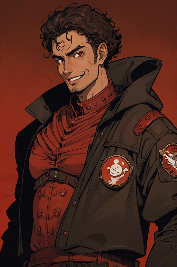 brown man, curly, medium hair, red eyes, black military jacket, baggy, smiling, masculine, robust, red background, science fiction, fantasy, malicious smile, in the style of Kentaro Miura