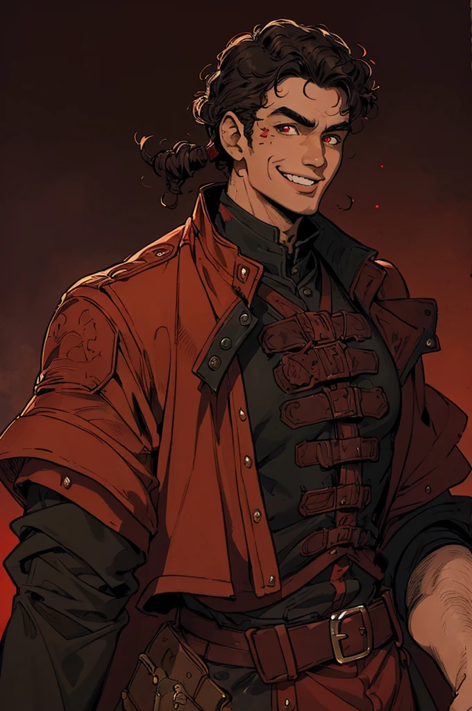 brown man, curly, medium hair, red eyes, black military jacket, baggy, smiling, masculine, robust, red background, science fiction, fantasy, malicious smile, in the style of Kentaro Miura