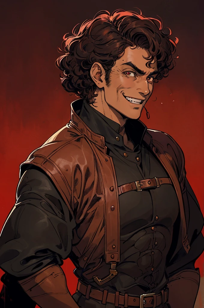 brown man, curly, medium hair, red eyes, black military jacket, baggy, smiling, masculine, robust, red background, science fiction, fantasy, malicious smile, in the style of Kentaro Miura