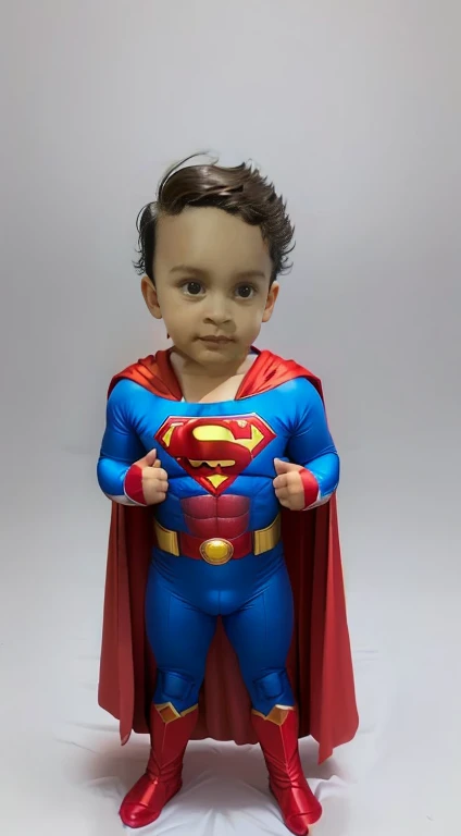 a close-up of a baby dressed in a Superman costume, Super homen costume, Super homen, Superhero Costumes, Super heroi, Pose super homen, wearing hero costume, traje de alta qualidade, Super-modelo, super garota, posing like a superhero, traje completo, superhero girl, Puerto Rican superheroes, Superhero pose, super adorable, superhero body, superhero from the tv show for boys