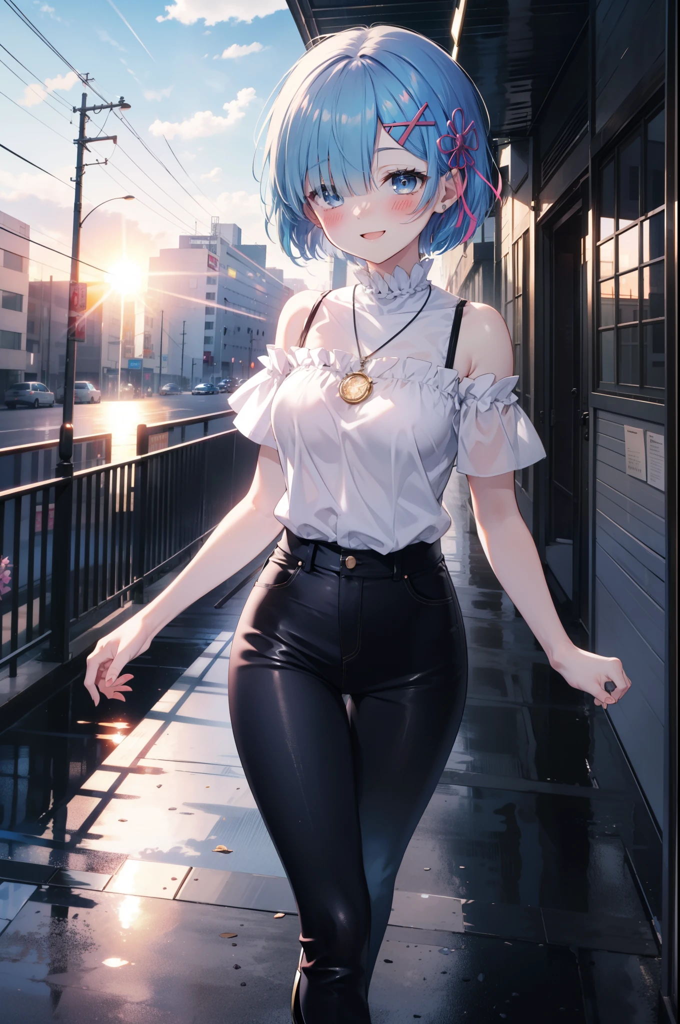 rezeroRem, Rem, blue eyes, Blue Hair, hair ornaments, Hair on one eye, hair ribbon, short hair, x hair ornaments,Rocket Pendant,happy smile, smile, Open your mouth,blush,Short sleeve,Cold shoulder dress,skinny pants,Stiletto heels,morning,morning陽,The sun is rising,Walking,whole bodyがイラストに入るように,
break outdoors, In town,Building district,
break looking at viewer, whole body,
break (masterpiece:1.2), highest quality, High resolution, unity 8k wallpaper, (figure:0.8), (Beautiful fine details:1.6), extRemely detailed face, Perfect lighting, extRemely detailed CG, (Perfect hands, Perfect Anatomy),