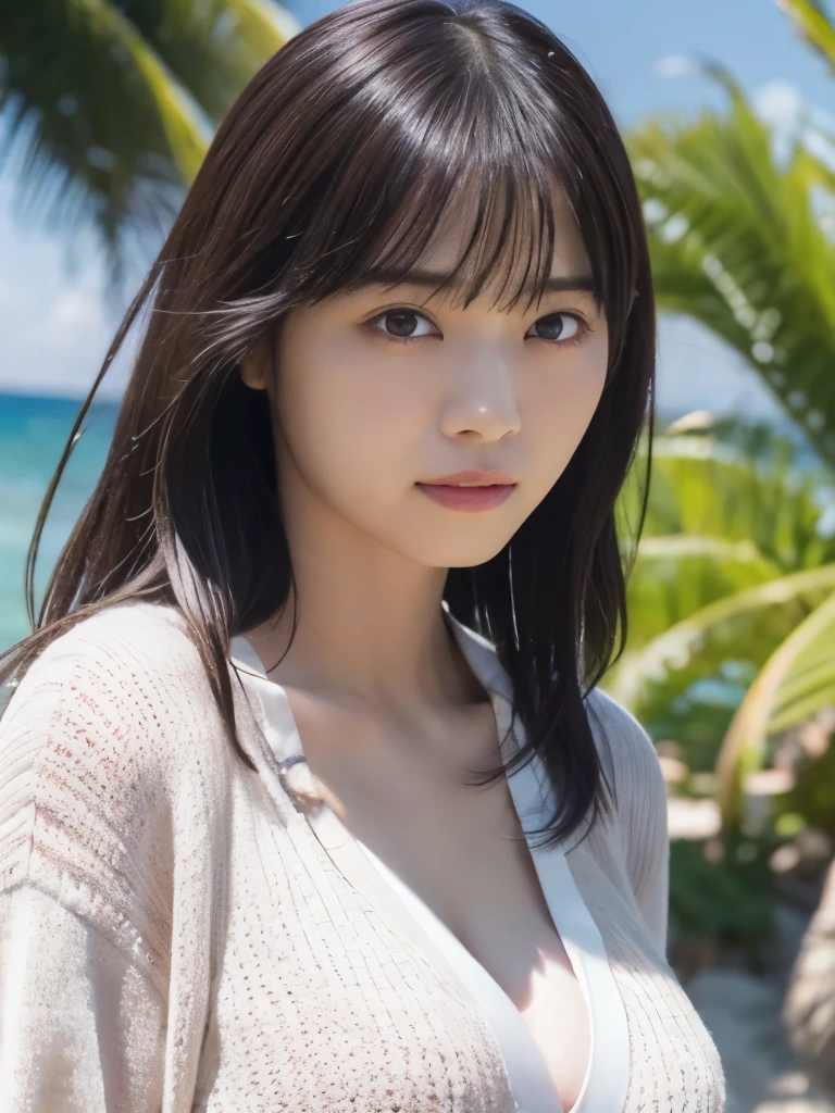 (RAW Photos: 1.2), (Realistic: 1.4), (highest quality: 1.4), Ultra-high resolution, (Fine Eyes),Nude Photos,Full body photo、Gravure photo,1. High school girl,(Large Breasts),You can see the chest、Black Hair,((White gathered blouse、pastel cardigan)),Bright Eyes,Blushing,smile,Highly detailed face and skin texture, Healthy Skin,(Beach),8K resolution