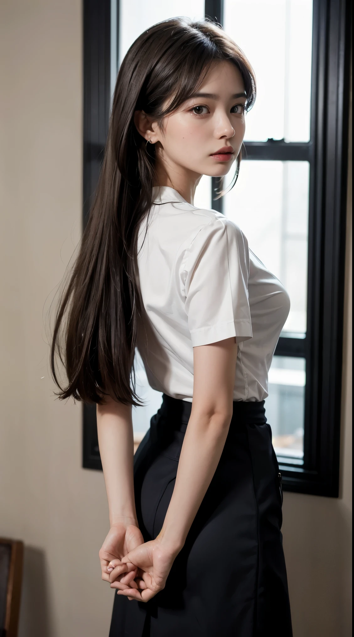 woman has her hands tied、shibari、Hands behind back、Hands crossed at the waist、Both wrists are tied with rope、Fingers five pieces、Has two arms、Beauty、20 years old、talent、Wearing a short-sleeved blouse、Wearing a skirt、Inside the hotel room、Standing in front of a wall、Uniform eyes、Well-proportioned、Medium build、Small Bust、, black hair, straight hair, earrings, sad, Surrealism, cinematic lighting, tachi-e, first-person view, from behind, f/1.2, Nikon, from behind, UHD, anatomically correct, best quality, highres、Fingers five pieces、Has two arms、