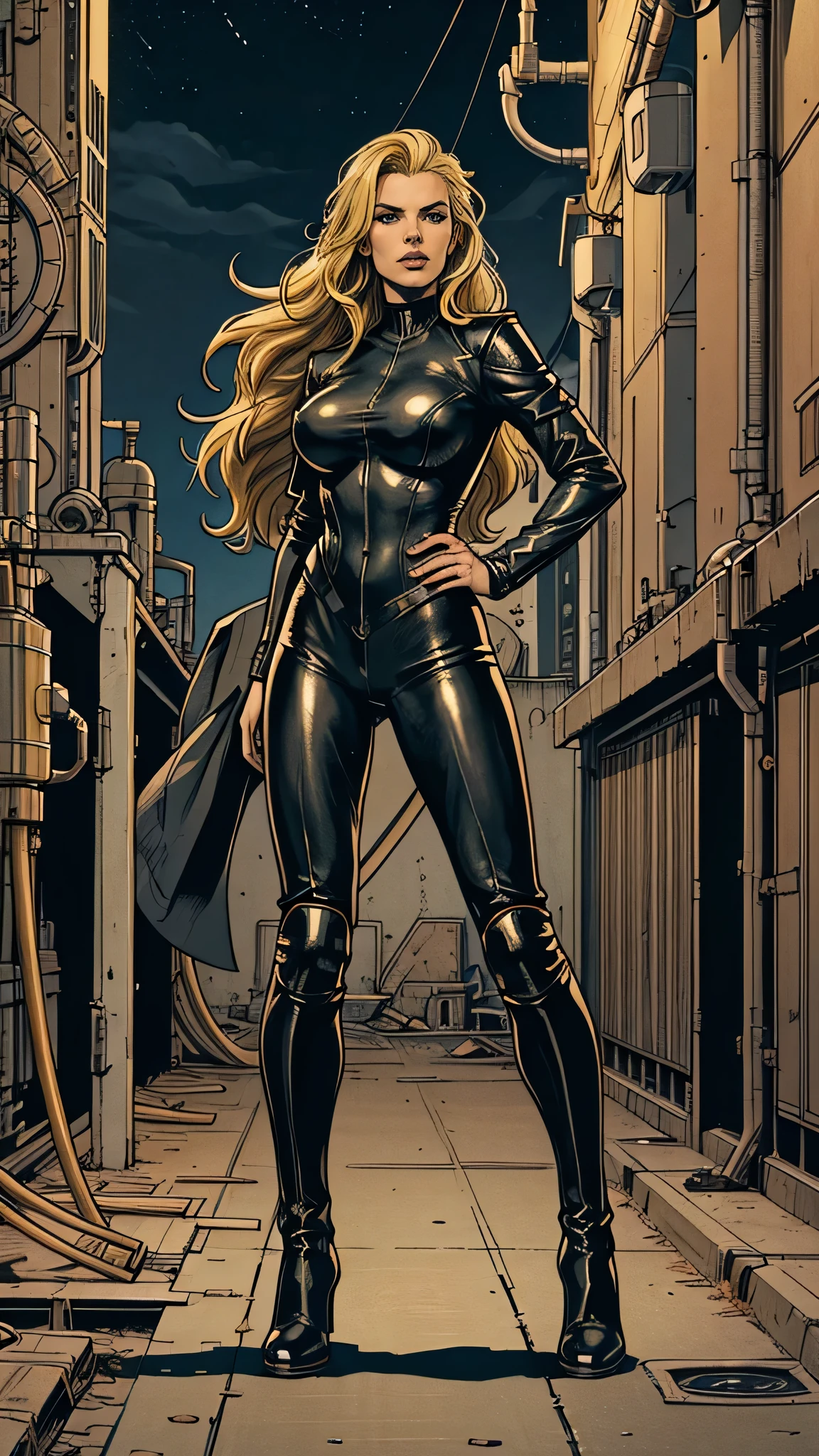 Masterpiece, best quality, Masterpiece, best quality, 1 woman, long blonde hair , Black leather motorcycle suit , big breasts , abdomen , Long legs , Put your hands on your hips. , boots , full body , abandoned factory , at night