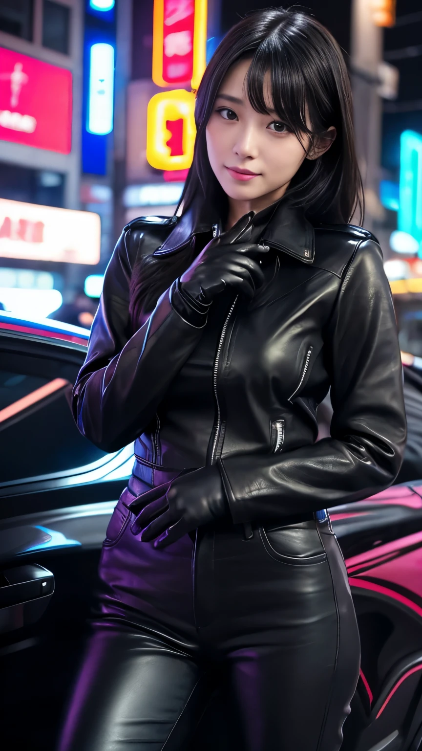 black leather rider jacket, Office in the Dark, Black leather gloved fingertips on both hands,Wearing black leather gloves,Sitting in a black leather chair、 Japanese female new recruits (Black leather gloves cover both hands) (The angle is horizontal)、Black Leather Pants,Black Leather Black Leather Pants,Black Leather Skinny Pants、Long black leather boots on both feet、Black Hair ((He wears black leather gloves on his hands))Full Body Photo,full body shot full body full body leather suit,☺If you turn in this direction。Wearing black leather gloves,Wearing black leather gloves,Wearing black leather gloves,Wearing black leather gloves,Wearing black leather gloves,Wearing black leather gloves,黒のレザーパンツが美しい😍黒のレザーパンツが美しい😍黒のレザーパンツが美しい,😍Smiling while looking at me,City lights、((Neon Cyberpunk City Street:1.3))、(Neon Light)、Detailed lighting、
Best image quality、Ultra-high resolution、(realism:1.4)、Korean Beauty Star、The most beautiful KPOP stars、face、Horny Korean Makeup、A body that makes you want to touch it、Realistic leather texture、Costume made of smooth leather fabric、The drape of the curved parts of the leather fabric、The costume is very shiny、Quality of the costume、8K Photo Quality