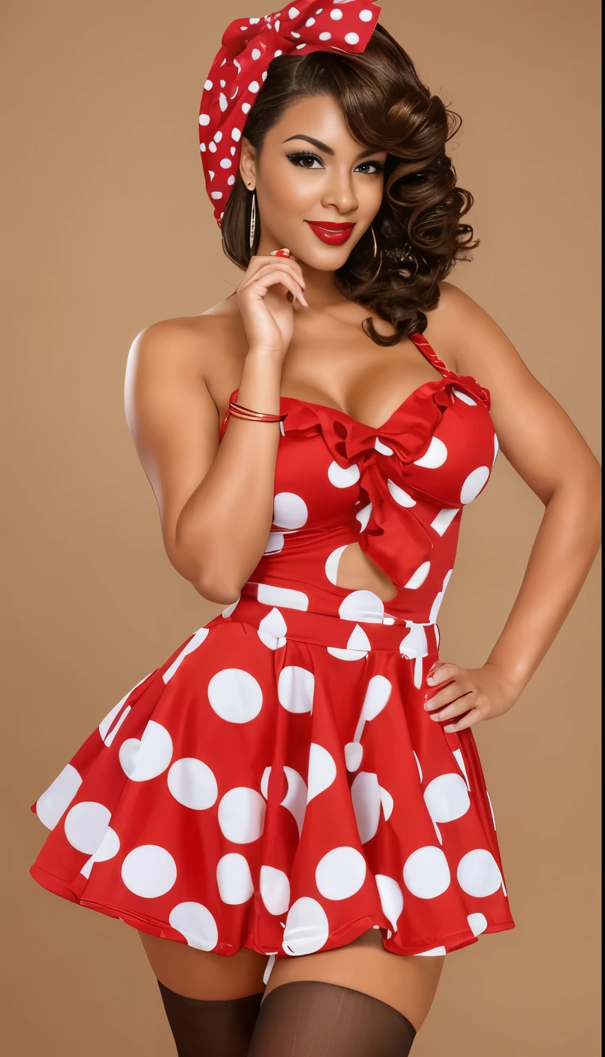Full length photo of a girl, realistically depicting a 35-year-old dark-skinned beautiful tan woman with sexy Brazilian fine curls Lucy Ramos and emotional. She has brown curly hair, creating a mysterious and sexy image. Model dressed in pin-up style with curly hair styled "victory rolls" brown hair and curly bangs. Her plump red lips make her look sexy. She has average breast size. She portrays an American housewife, posing in various sexual positions. Against a white background, she appears in a red retro dress with large polka dots with a fluffy, voluminous ballerina skirt. She has a red bandana on her head, and on her feet there are red stockings. The photo is made in pin-up style, emphasizing the retro-USA vibe. Her sexy look, she looks at me, and blows a kiss, give the photo a special charm. she is surprised, she is flirting, her mouth is open, she is laughing without makeup, her mouth is open, she is having fun and dancing, her mouth is open, she is mulatto Lucy Ramos, her mouth is open