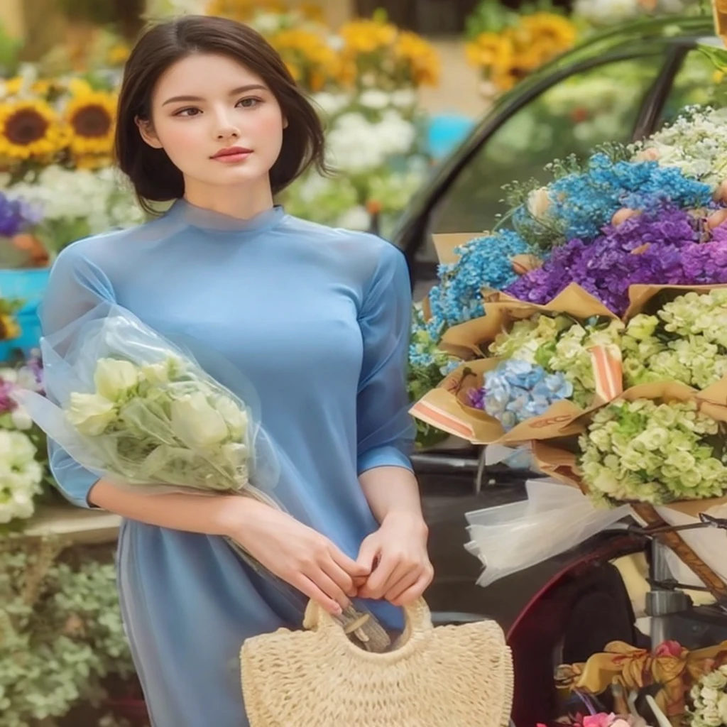 Beautiful and charming women in fashion trends, full body: 1.6, holding flowers, Random hairstyle, Sitting under a parasol, At the seaside, Random colored tight dress, The wind blows my hair., blue sky and white clouds, Delicate sexy collarbone, Chest cover, The goose egg face is charming., Double eyelids, The wise eyes of a peach blossom, pink lips, The nose is slightly turned up., bare shoulders, focused face, face close up, ultra high definition, Awesome details, Ultra-thin transparency, Fresh and good, see through, pink