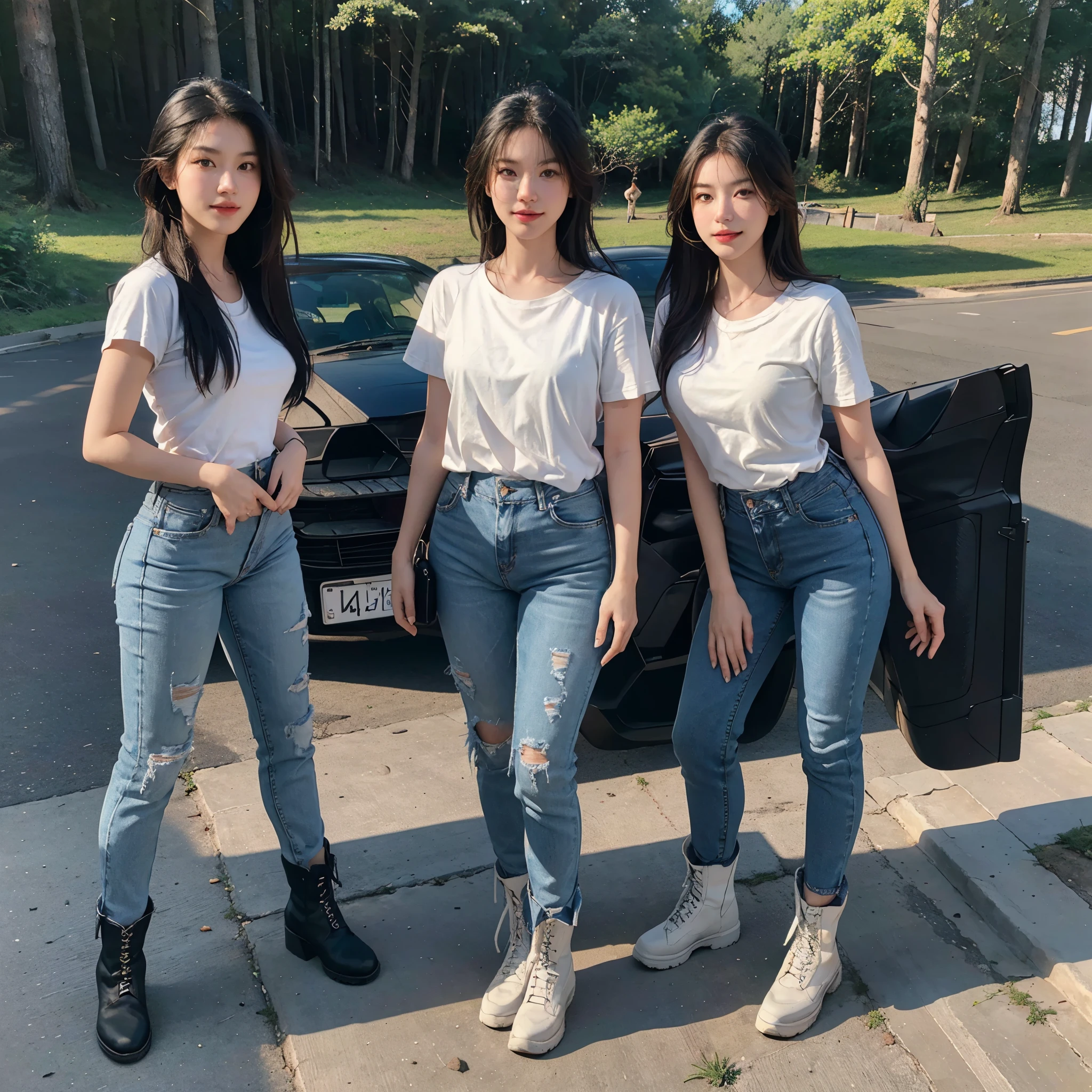 White short-sleeved T-shirt, Toe of the boot, Top with exposed arms, two feet apart. Matching white boot, people standing far apart, long jeans plain jeans or non-distressed jeans, white sneakers, The shirt covers the back the pants, white t-shirt,, shirt large, hands clasped tightly reveal only the palm, without jewelry, asian girl white skin, she wear Clad in long jeans and a white t-shirt , a pair of white leather boots, highly detailed boots, military combat boots, lace-up boots, rugged boots, worn boots, scuffed boots, boots with metal buckles, boots with thick soles, boots with treads, boots in the mud, boots on a dusty road, boots in a forest, boots in an urban setting, boots on a snowy landscape, (best quality,4k,8k,highres,masterpiece:1.2),ultra-detailed,(realistic,photorealistic,photo-realistic:1.37),HDR,UHD,studio lighting,ultra-fine painting,sharp focus,physically-based rendering,extreme detail description,professional, Dark brown long hair, Gigantic well-rounded large breasts breasts :1.2) , full body,, long jeans, big boob,Expose cleavage, Midnight, Whole body, Long legs,, A pretty girl with perfect figure , blue jeans, high jeans, chest big, large big