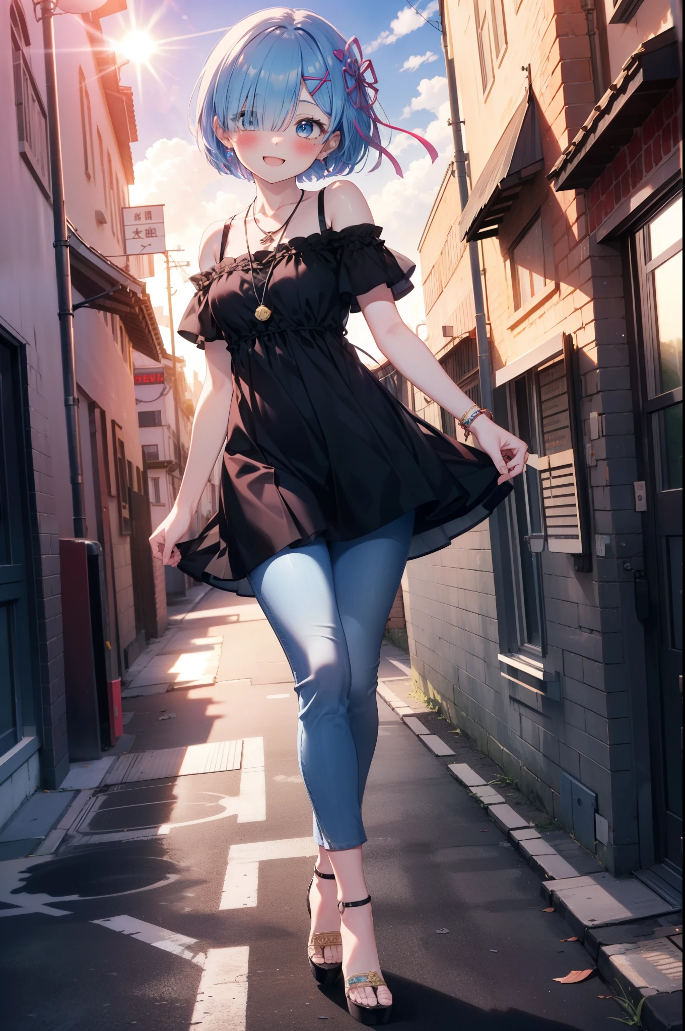 rezeroRem, Rem, blue eyes, Blue Hair, hair ornaments, Hair on one eye, hair ribbon, short hair, x hair ornaments,Rocket Pendant,happy smile, smile, Open your mouth,blush,Short sleeve,Cold shoulder dress,skinny pants,Stiletto heels,morning,morning陽,The sun is rising,Walking,whole bodyがイラストに入るように,
break outdoors, In town,Building district,
break looking at viewer, whole body,
break (masterpiece:1.2), highest quality, High resolution, unity 8k wallpaper, (figure:0.8), (Beautiful fine details:1.6), extRemely detailed face, Perfect lighting, extRemely detailed CG, (Perfect hands, Perfect Anatomy),