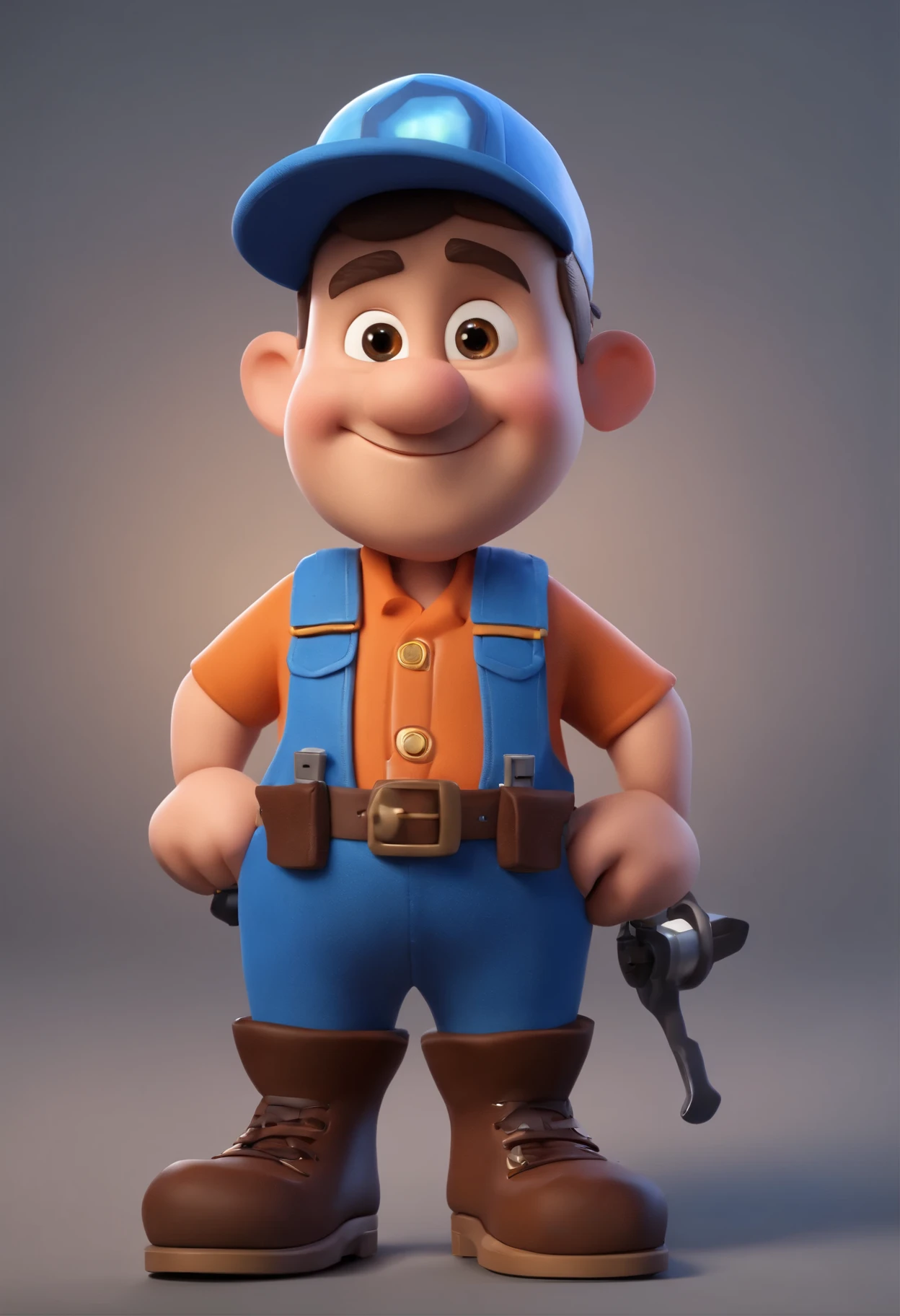Cartoon character in blue cap and overalls with tool belt , Caractere estilizado, animation style rendering, 3D estilizado, Arnold Maya rendering, Stylized 3D rendering, toon render screenshot, Personagem 3D, Personagem 3D, Stylized 3D rendering, 3D character rendering, personagem de desenho animado, Personagem de close up, Pose de personagem,  (Estilo Pixar) (parte mestre:1.2) (Bokeh) (melhor qualidade) (pele detalhada) (textura detalhada) (8K) (argila) (cinematic lighting) (sharp focus