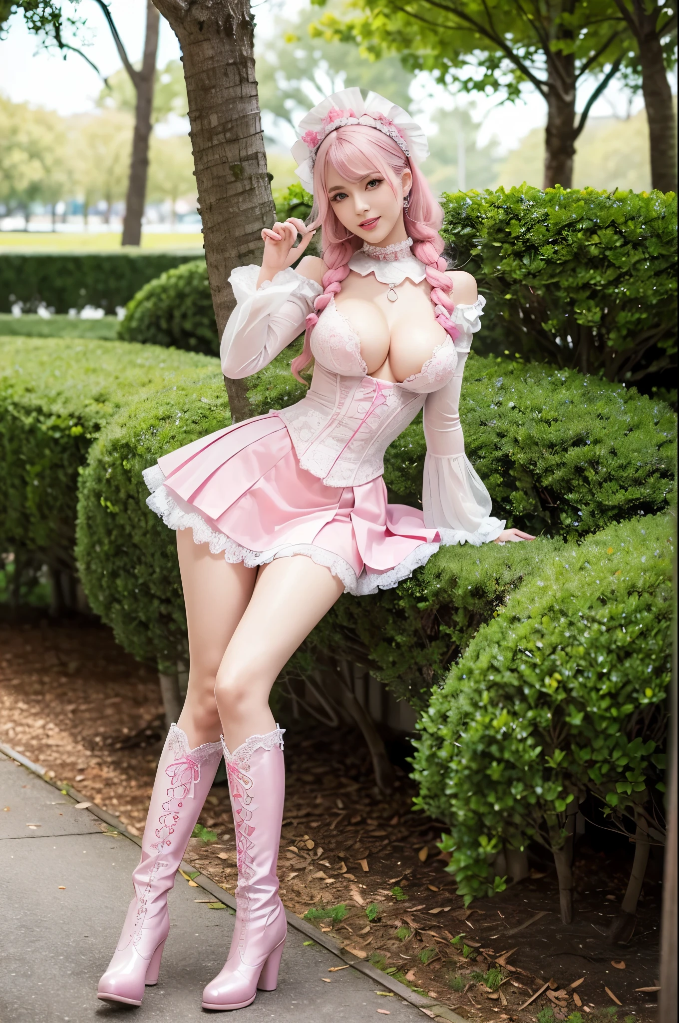 (nsfw), sexy stylish Swedish model, only 1 female, ((doll-like appearance)), long neon pink stylish hair, ((shiny Victorian-Style boots)), (big smile), ultra detailed eyes, vivid eye makeup, lipgloss, long lashes, defined eyebrows, (medium naked breasts), ((sexy Paradise Kiss cosplay)), (naked aroused open pussy), bell-shaped skirt, petticoats, high neckline, puffed sleeves, ((ultra detailed lace)), ((ultra detailed embroidery)), intricate details, Paradise Kiss accessoires and matching headpiece, choker, ((large sparkling Paradise Kiss jewelry)), cinematic light, detailed large park background with trees
