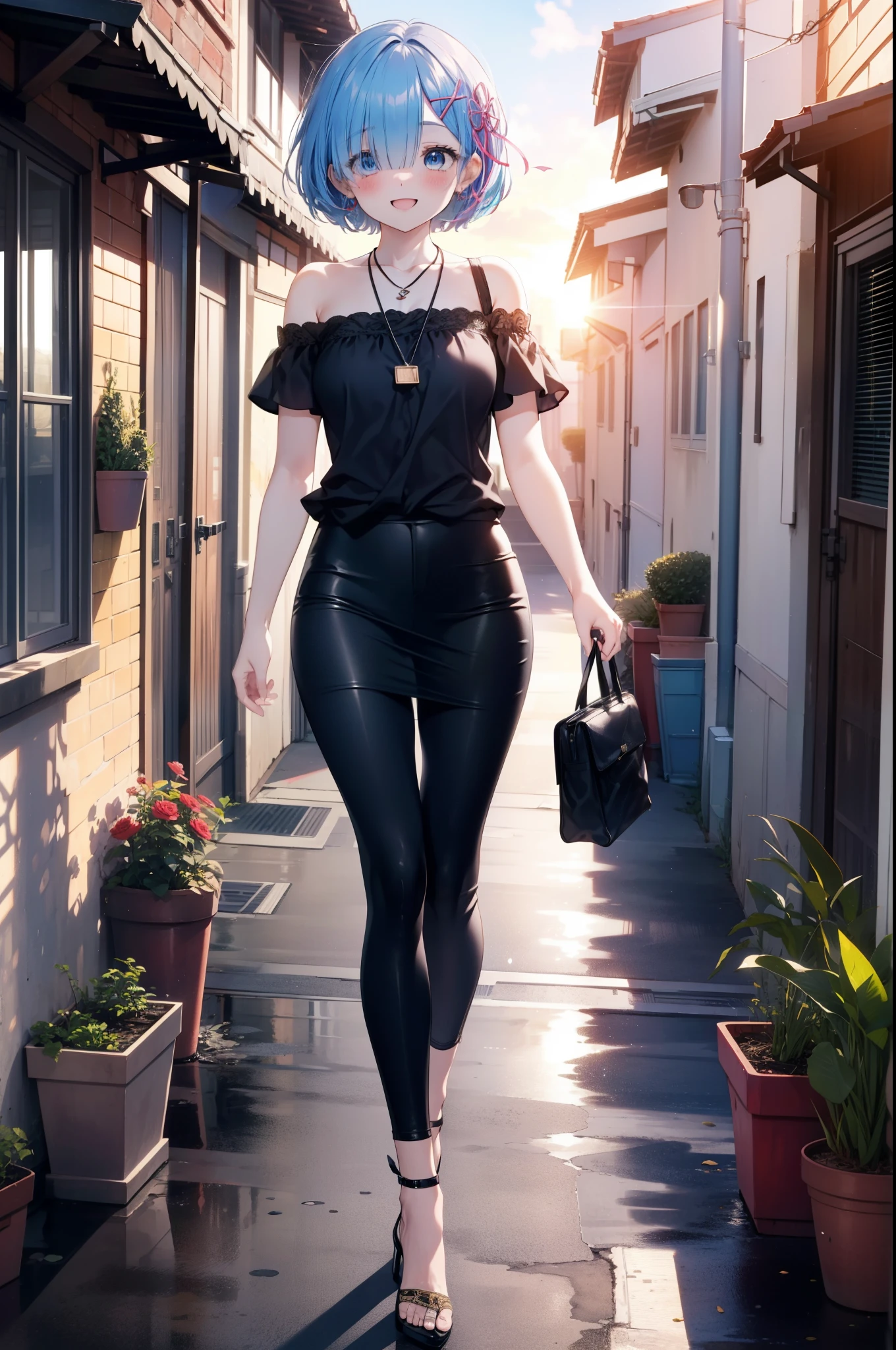 rezeroRem, Rem, blue eyes, Blue Hair, hair ornaments, Hair on one eye, hair ribbon, short hair, x hair ornaments,Rocket Pendant,happy smile, smile, Open your mouth,blush,Short sleeve,Cold shoulder dress,skinny pants,Stiletto heels,morning,morning陽,The sun is rising,Walking,whole bodyがイラストに入るように,
break outdoors, In town,Building district,
break looking at viewer, whole body,
break (masterpiece:1.2), highest quality, High resolution, unity 8k wallpaper, (figure:0.8), (Beautiful fine details:1.6), extRemely detailed face, Perfect lighting, extRemely detailed CG, (Perfect hands, Perfect Anatomy),