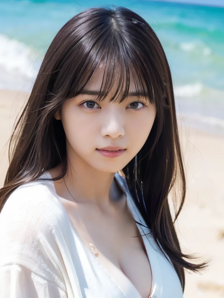 (RAW Photos: 1.2), (Realistic: 1.4), (highest quality: 1.4), Ultra-high resolution, (Fine Eyes),Nude Photos,Full body photo、Gravure photo,1. High school girl,(Large Breasts),You can see the chest、Black Hair,((White gathered blouse、pastel cardigan)),Bright Eyes,Blushing,smile,Highly detailed face and skin texture, Healthy Skin,(Beach),8K resolution