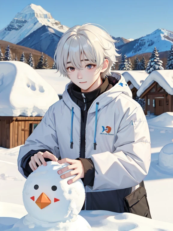 _Model shooting style, Bang Chan is having fun building an olive-eyed snowman., House background, Snowy mountain background, it&#39;s snowing, (Bang Chan Green Hair:0.8), (Bang Chan yellow hair:0.7), (Bang Chan Ombre Hair:0.4),  (Focus on Bang Chan: 0.8), Zoom lens shot, Studio Ghibli, (((masterpiece))), (((highest quality))), (Highly detailed CG Unity 8k wallpaper)