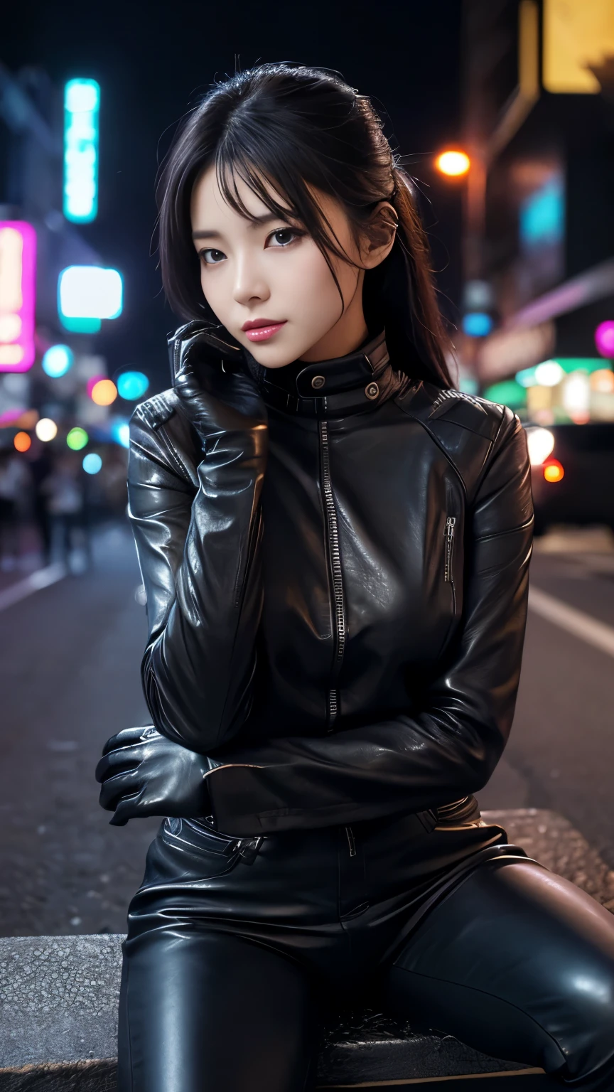 black leather rider jacket, Office in the Dark, Black leather gloved fingertips on both hands,Wearing black leather gloves,Sitting in a black leather chair、 Japanese female new recruits (Black leather gloves cover both hands) (The angle is horizontal)、Black Leather Pants,Black Leather Black Leather Pants,Black Leather Skinny Pants、Long black leather boots on both feet、Black Hair ((He wears black leather gloves on his hands))Full Body Photo,full body shot full body full body leather suit,☺If you turn in this direction。Wearing black leather gloves,Wearing black leather gloves,Wearing black leather gloves,Wearing black leather gloves,Wearing black leather gloves,Wearing black leather gloves,黒のレザーパンツが美しい😍黒のレザーパンツが美しい😍黒のレザーパンツが美しい,😍Smiling while looking at me,City lights、((Neon Cyberpunk City Street:1.3))、(Neon Light)、Detailed lighting、
Best image quality、Ultra-high resolution、(realism:1.4)、Korean Beauty Star、The most beautiful KPOP stars、face、Horny Korean Makeup、A body that makes you want to touch it、Realistic leather texture、Costume made of smooth leather fabric、The drape of the curved parts of the leather fabric、The costume is very shiny、Quality of the costume、8K Photo Quality