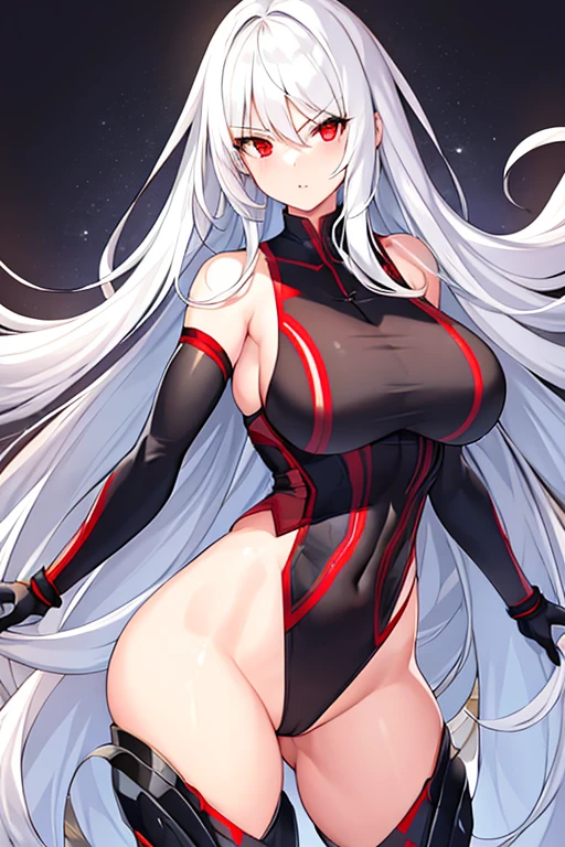 1girl, white hair, long hair, red eyes, serious, glowing eyes, large breasts, mature female, athletic female, toned, leotard, black leotard,