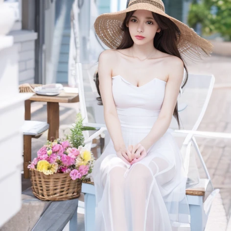 Beautiful and charming women in fashion trends, full body: 1.6, holding flowers, Random hairstyle, Sitting under a parasol, At the seaside, Random colored tight dress, The wind blows my hair., blue sky and white clouds, Delicate sexy collarbone, Chest cover, The goose egg face is charming., Double eyelids, The wise eyes of a peach blossom, pink lips, The nose is slightly turned up., bare shoulders, focused face, face close up, ultra high definition, Awesome details, Ultra-thin transparency, Fresh and good, see through, pink