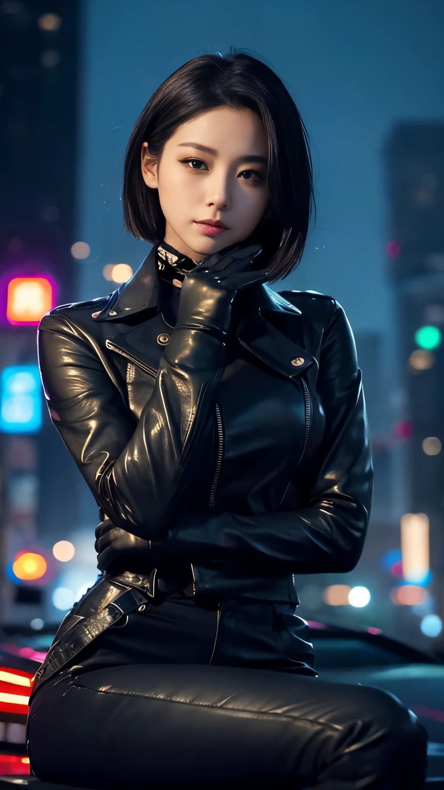 black leather rider jacket, Office in the Dark, Black leather gloved fingertips on both hands,Wearing black leather gloves,Sitting in a black leather chair、 Japanese female new recruits (Black leather gloves cover both hands) (The angle is horizontal)、Black Leather Pants,Black Leather Black Leather Pants,Black Leather Skinny Pants、Long black leather boots on both feet、Black Hair ((He wears black leather gloves on his hands))Full Body Photo,full body shot full body full body leather suit,☺If you turn in this direction。Wearing black leather gloves,Wearing black leather gloves,Wearing black leather gloves,Wearing black leather gloves,Wearing black leather gloves,Wearing black leather gloves,黒のレザーパンツが美しい😍黒のレザーパンツが美しい😍黒のレザーパンツが美しい,😍Smiling while looking at me,City lights、((Neon Cyberpunk City Street:1.3))、(Neon Light)、Detailed lighting、

Best image quality、Ultra-high resolution、(realism:1.4)、Korean Beauty Star、The most beautiful KPOP stars、face、Horny Korean Makeup、A body that makes you want to touch it、Realistic leather texture、Costume made of smooth leather fabric、The drape of the curved parts of the leather fabric、The costume is very shiny、Quality of the costume、8K Photo Quality