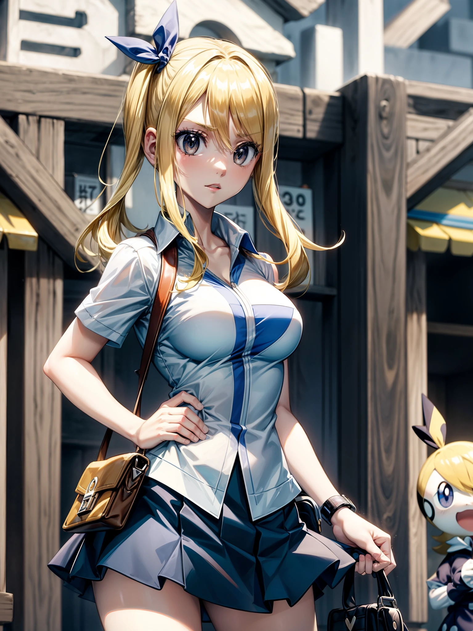 score_9、score_8_up、score_7_up、Cynthia（Pokémon）、Pokémon、One girl、Blonde、Grey Eyes。White shirt with front opening、Open shirt、Checkered Skirt