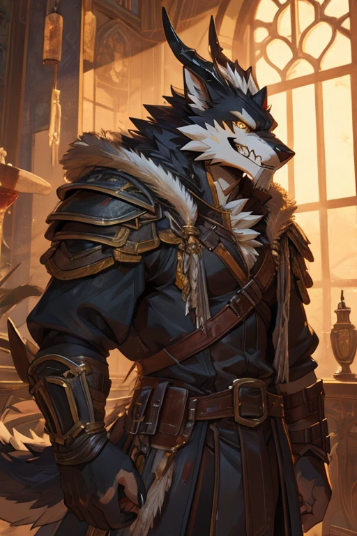 I want a hybrid of a golden dragonborn and black and white werewolf with backwards horns, very apparent golden scales, golden eyes, blood hunter with a malicious grin.