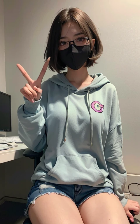 (A hyper-realistic), (hight resolution), (8K), (ighly detailed), (The best illustrations), (beatiful detailed eyes), (top-quality), (ultra-detailliert), (masterpiece), (wall-paper), (Detailed face), drooing eyes,eyes gentle、Wearing a mask、short-hair,inner colored,solo,Oversized Light Gray Hoodie、 Erotic Shorts、japanes, Colossal tits、Computer Lab、17 age、Agra、geek、Boyish but cute、Peace sign with both hands、Geek's Computer Room