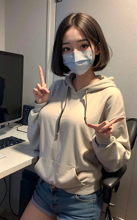(A hyper-realistic), (hight resolution), (8K), (ighly detailed), (The best illustrations), (beatiful detailed eyes), (top-quality), (ultra-detailliert), (masterpiece), (wall-paper), (Detailed face), drooing eyes,eyes gentle、Wearing a mask、short-hair,inner colored,solo,Oversized Light Gray Hoodie、 Erotic Shorts、japanes, Colossal tits、Computer Lab、17 age、Agra、geek、Boyish but cute、Peace sign with both hands、Geek's Computer Room