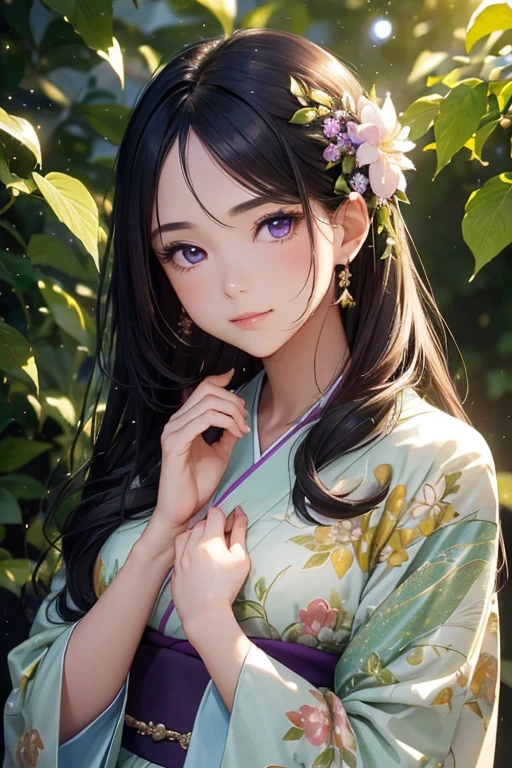 (a girl:1.1, a beautiful woman:1.1, purple-eyed:1.1) stands in a (bright:1.1, fresh:1.1) (Rainbow Sky world:1.1). She has (long black hair:1.1) flowing down , wearing a (long-sleeved small Flower print kimono:1.1). The woman's (purple eyes:1.1) are (extremely detailed:1.1) and captivating, (sparkling:1.1) with (light:1.1). The (Rainbow world:1.1) is filled with spring shower Brightrain(scattering leaves of light:1.1), (flying green light:1.1), and teaBreak(floating crystal fragments:1.1), creating a (sparkling:1.1) and (fresh:1.1) ambiance. The scene is (vivid:1.1) and (refreshing:1.1), with an abundance of (fresh greenery:1.1). The (lighting:1.1) highlights the woman's beauty, casting a (beautiful:1.2) (soft glow:1.1) on her skin. The overall image is (ultra-detailed:1.1) and (photorealistic:1.37), resembling a (masterpiece:1.2) in (high resolution:1.1).