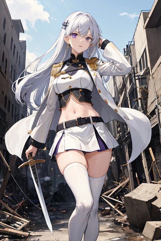 Secondary elements、White combat uniform、teenager、beautiful girl、Navel exposed、Short skirt、1 girl,Medium chest,To the audience,Long silver hair,Purple eyes,whole body,Military uniform,uniform,have,White Skirt,Burn,Are standing,右手に持ったsword,rubble,Collapsed building,Burn,(cadaver:1.1),長いsword,sword,Fierce fire, Excellent,White long boots、Thighs Thighs Thighs、Shiny skin, Beautiful Face