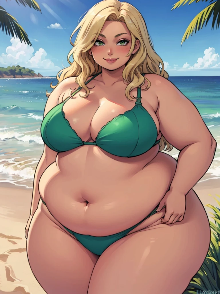 high_aesthetic,art by Lazorchef, ((Masterpiece, best quality, perfect lighting, amazing shading)), perfect anatomy, field of depth, extremely beautiful, long blonde hair, wavy hair, green bikini, cute smile, (((fat))), ((wide_hips)), (cleavage), belly, blushing, beach background, detailed background