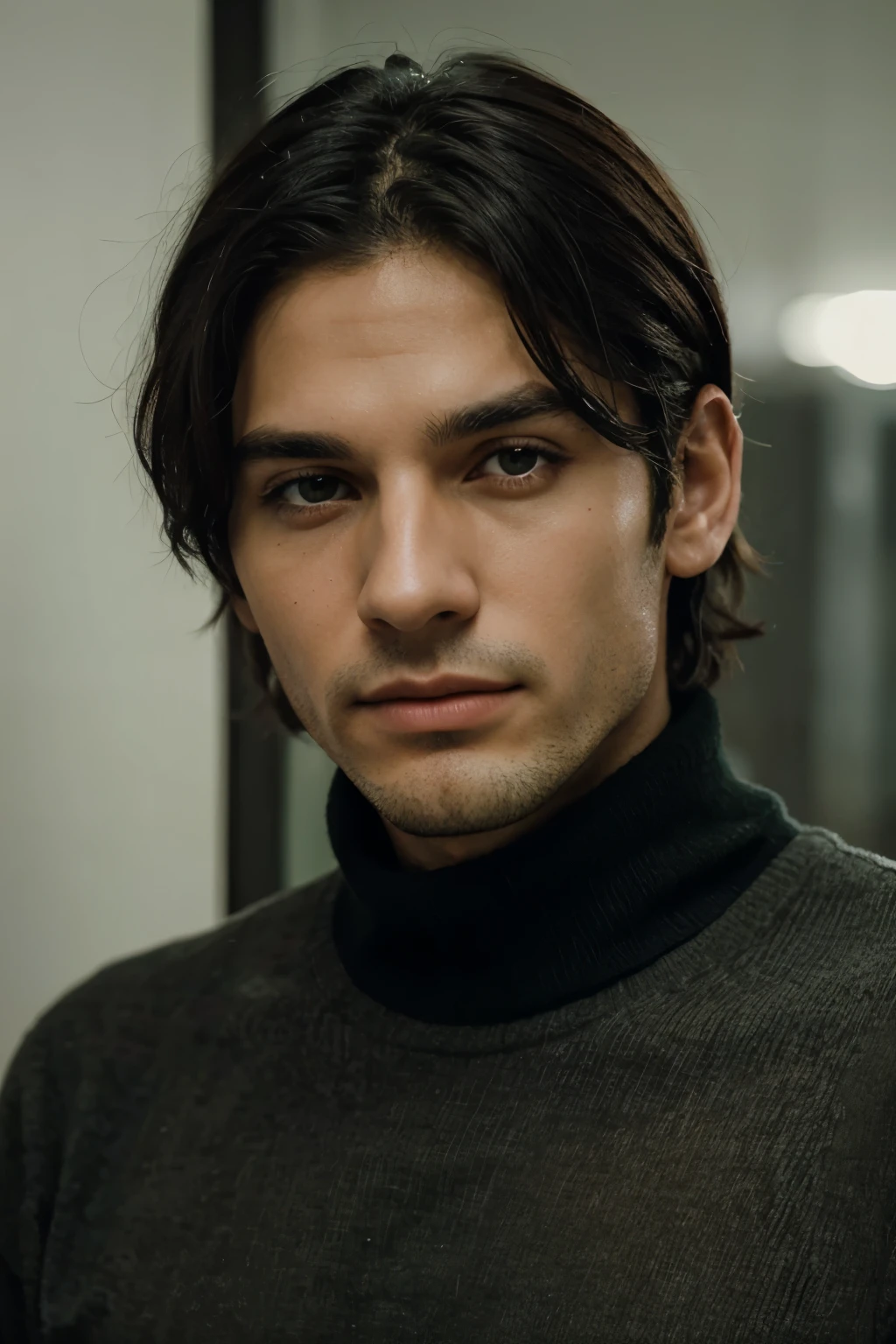par de olhos verdes, altamente intensos. His expression was cold and closed, the perfectly marked jaw and the slightly messy black hair. Ele era lindo.