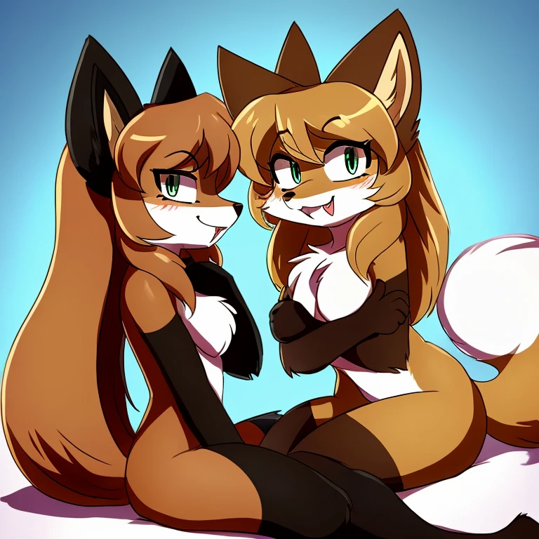 uploaded the e621, beautiful and detailed, woman (((female))) ((anthro)) Fox, (Averi, Fox girl), cinematic lighting, Fox, (anthro, fluffy fur), anthro fox girl, body fur, curvy, sexy, nice, cute, hot, comfortable anime-style cartoon-style, digital drawing, SFW, flat chest, nervous smiling, sassy, sassy hips, smug, fangs, simple background, green eyes, sitting, dominant female, side view, looking at viewer, 2 girls