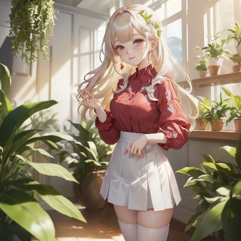 anime girl in a red shirt and white skirt posing in a room, in dress, , cute anime girl, smooth anime cg art, anime style 4 k, 8k high quality detailed art, high detailed official artwork, digital anime illustration, detailed digital anime art, artwork in the style of guweiz, cute anime waifu in a nice dress