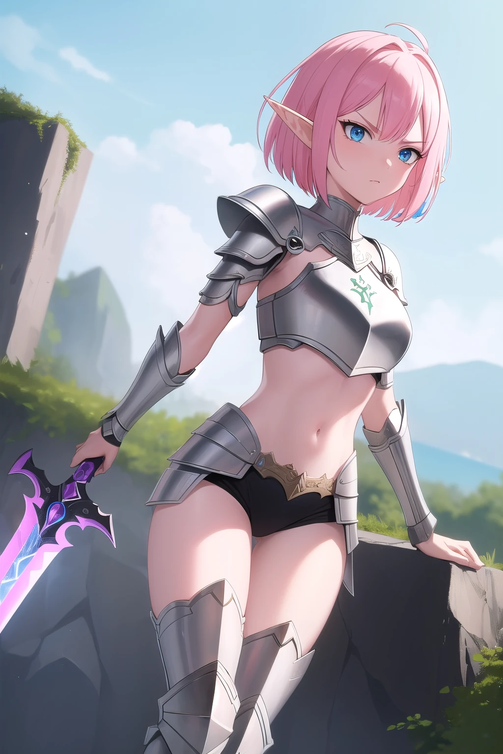 (masterpiece:1.2), (best quality:1.2), detailed, elf girl in armor, pink hair ,disgusted face , mature, bobcut, blue eyes, midriff, holding a magic sword