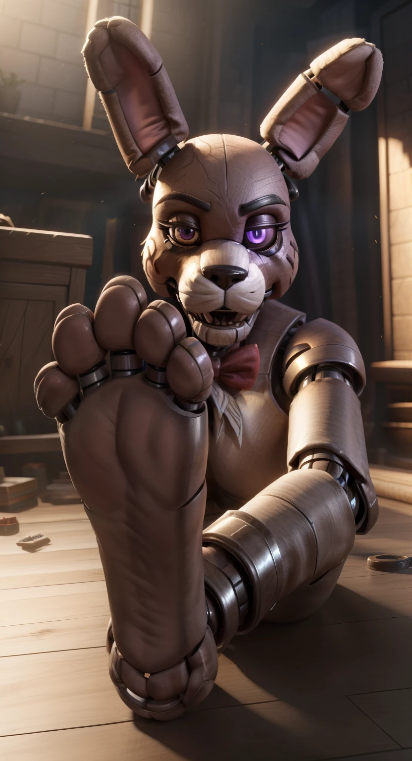 a bonnie the rabbit animatronic from five nights at freddy's, feet facing the viewer, extremely detailed, photorealistic, professional lighting, studio quality, 8k, masterpiece, intricate details, hyper realistic, sharp focus, physically-based rendering, cinematic lighting, dramatic shadows, volumetric lighting, unreal engine