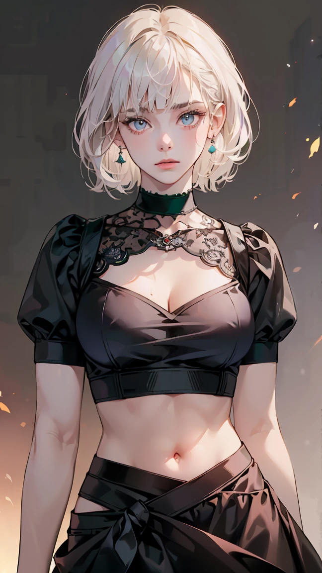 (masterpiece, highest quality, (One girl:1.5), alone, Intricate details, chromatic aberration), (Realistic), (skin), ((breathe)), (Wavy white hair, Bobcut, Blunt bangs, Hair on one eye), Detailed Hair, Red ornament, Blue Highlights, Small earrings, Sharp eyes, Purple eyes, choker, ((Black crop top, Thin material, skirt)), Waist open, (Symmetrical eyes), (Perfectly symmetrical body), night, (((Natural light))), Backlight, Against a grey wall, Dim lighting ,View the viewer, (((Center shot, from the front, Face and waist))), (Big Breasts: 1.2), Cleavage,