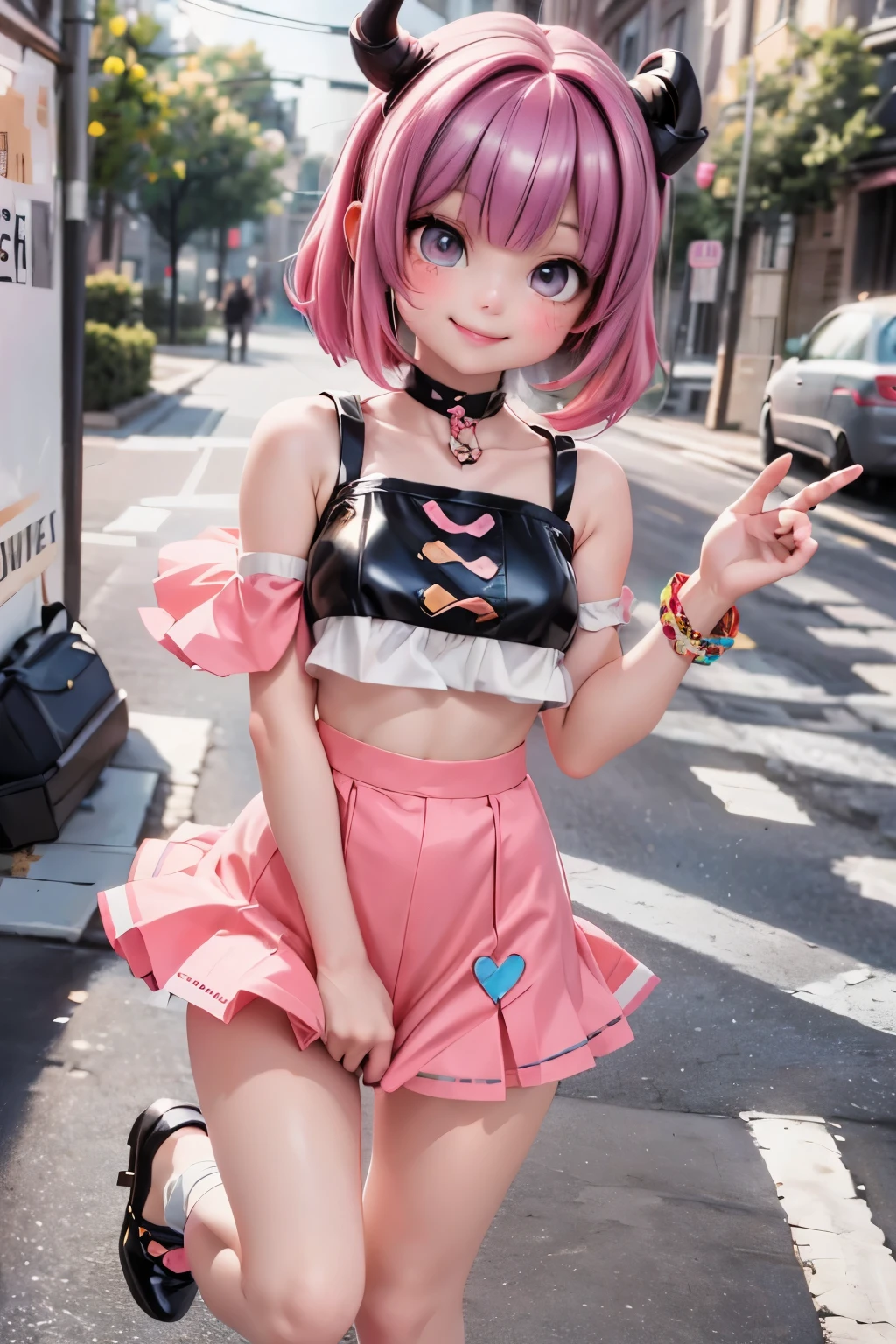 a cute horned girl smiling, girly colorful clothing, strapless crop shirt, footwear patent_leather (mary janes)