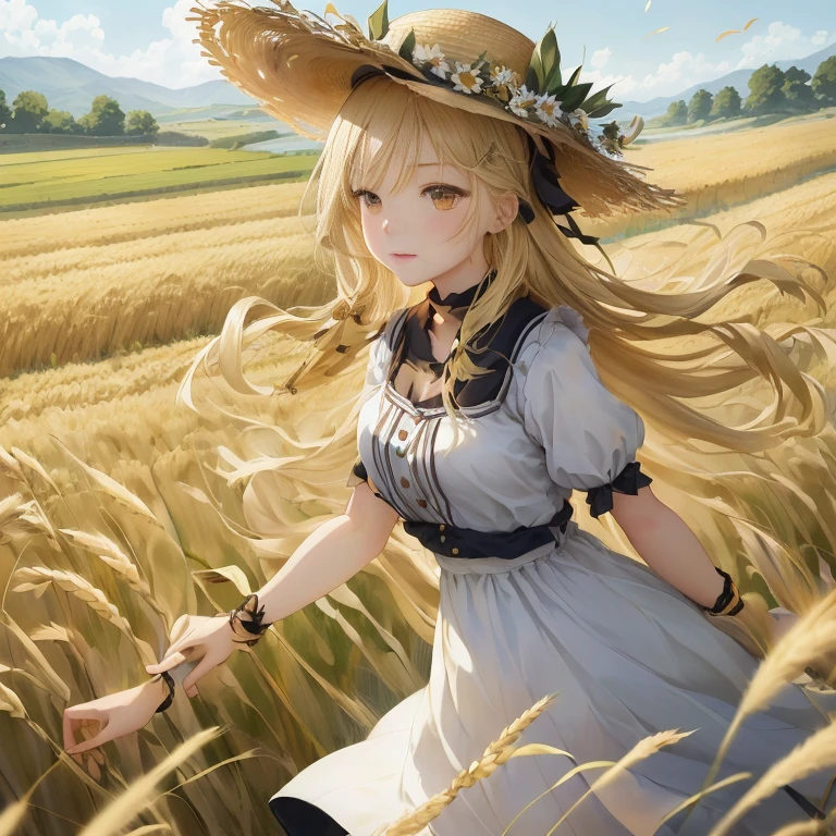 anime girl in a field of wheat with a straw hat, on the vast wheat fields, in a wheat field, in field high resolution, beautiful sunflower anime girl, walking in the wheat field, blonde anime girl with long hair, in a field, immense wheat fields, marisa kirisame, girl walking in wheat field, in the countryside, beautiful maiden, summer field