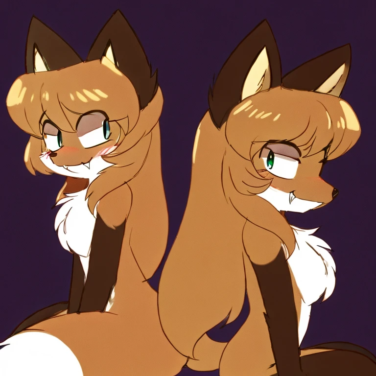 uploaded the e621, beautiful and detailed, woman (((female))) ((anthro)) Fox, (Averi, Fox girl), cinematic lighting, Fox, (anthro, fluffy fur), anthro fox girl, body fur, curvy, sexy, nice, cute, hot, comfortable anime-style cartoon-style, digital drawing, SFW, flat chest, nervous smiling, sassy, sassy hips, smug, fangs, simple background, green eyes, sitting, dominant female, side view, looking at viewer, 2 girls