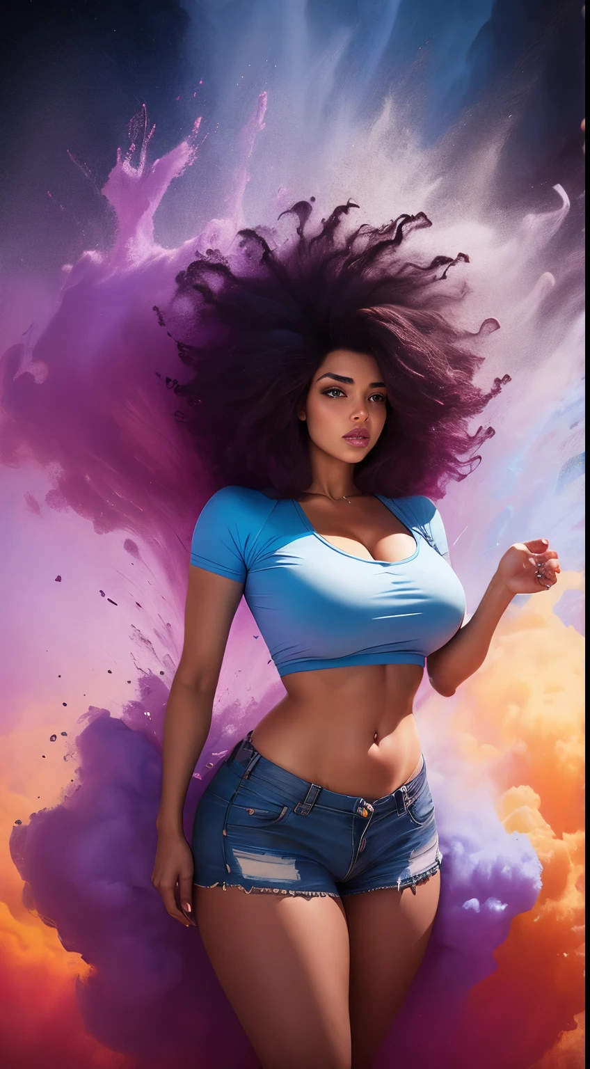 mulher sexy, seios grandes, athletic body, usando um moletom rosa aberto na frente, usando calcinha rosa, cabelo afro Explosive dust