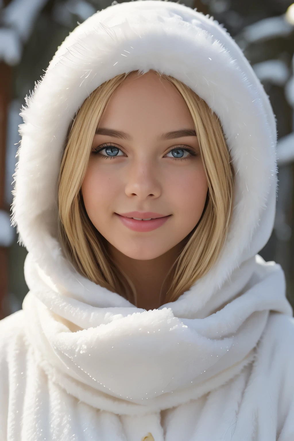 bellissima,1girl, a blonde girl in a white fur cap smiles in the snow